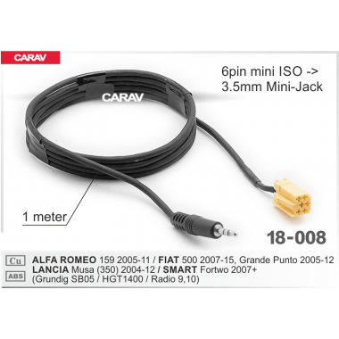 Кабель AUX (CARAV 18-008) FIAT 500 2007-15, Grande Punto 2005-12, SMART (Grundig SB05 / HGT1400 / Radio 9/10) 6pin mini-ISO -> 3.5mm mini-jack)